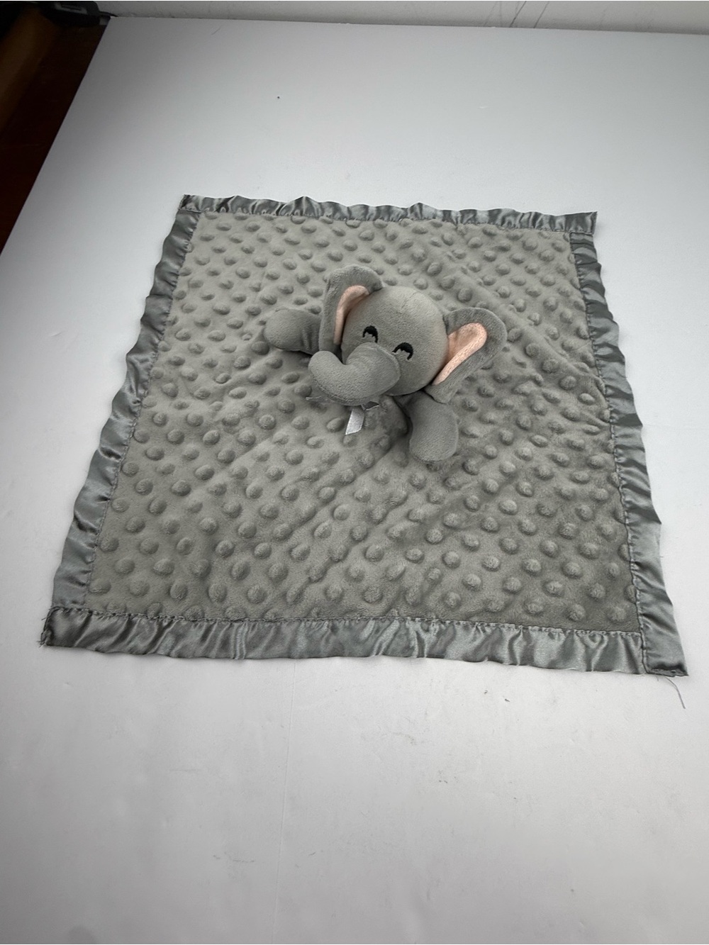 Gray Elephant Baby Lovey Security Blanket Satin Crinkle Ear Minky Dots 16”x16”